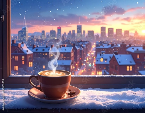 Steaming Cup Of Coffee With Latte Art On A Snowy Windowsill Overlooking A Winter City Skyline At Sunset With Falling Snow