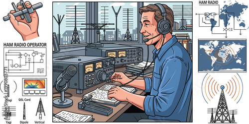Fotografía Ham Radio Operator Using Equipment with Antennas, Diagrams, and Radio Frequency