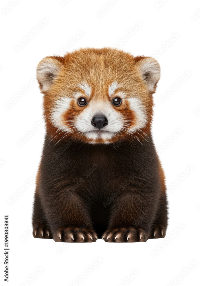 Obraz premium Centered, hyper-photorealistic juvenile red panda cub infant sitting still, detailed rusty fur coat and large dark eyes, isolated on a stark white high-key backdrop with rim light, concept of infant