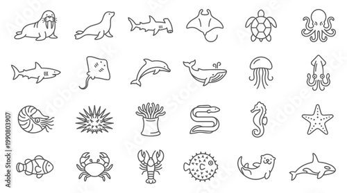 Marine life silhouette collection of underwater creatures and sea animals icons