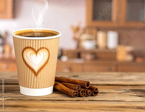 Steaming Hot Coffee In Corrugated Paper Cup With Heart Symbol And Cinnamon Sticks On Rustic Wood Table In Kitchen