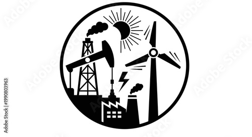Energy Sources Icon Set Featuring Renewable and Fossil Fuel Power Generation