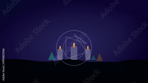 Three candles glowing in the dark with geometric shapes Vector