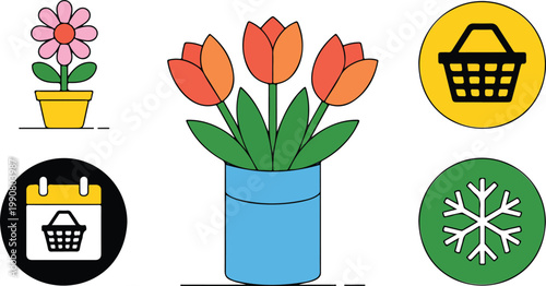 Minimal icon set with flower basket calendar snowflake and tulip vase in flat colorful vector grid design