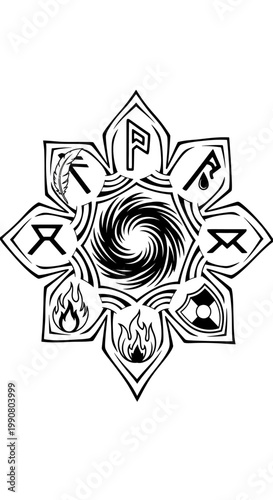 Esoteric Mandala with Elemental Runes and Central Vortex