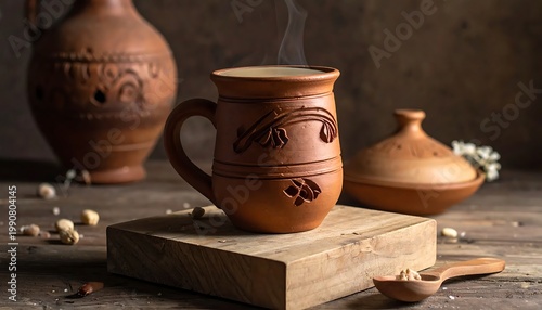 Steaming Terracotta Clay Mug On Wooden Block With Rustic Pottery Jug And Artisanal Bowl In A Warm Traditional Kitchen Setting