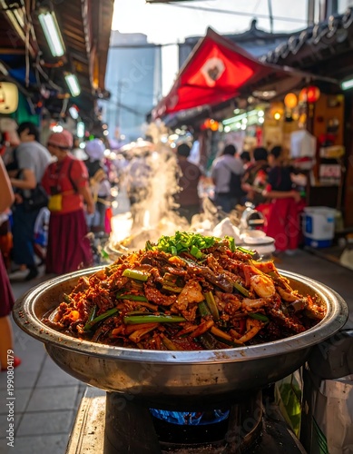 Steaming Spicy Stir With Green Onions In Large Metal Bowl At Vibrant Outdoor Asian Street Food Market
