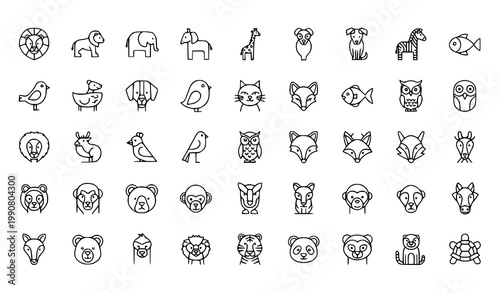 Animal line icon set with wildlife and domestic animals in clean outline vector collection