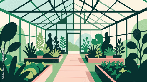 Botanical Greenhouse Walkway With Structured Glass and Plants