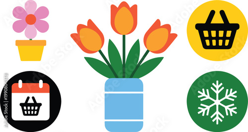 Minimal icon set with flower basket calendar snowflake and tulip vase in flat colorful vector grid design