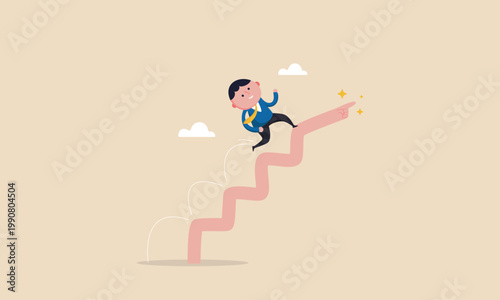 Cartoon businessman climbing stairs shaped like a pointing finger towards success