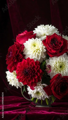 Still Life Photography Of A Lush Bouquet With Red Roses And White Dahlia Flowers Arranged In A Glass Vase On A Dark Red Velvet Background Surface