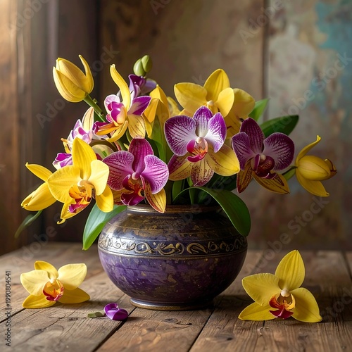 Still Life Of Vibrant Yellow And Purple Phalaenopsis Orchids In A Decorative Ceramic Vase On A Rustic Wooden Table Under Soft Natural Light