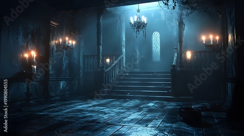 Grandiose Gothic castle interior with winding staircase and chandeliers