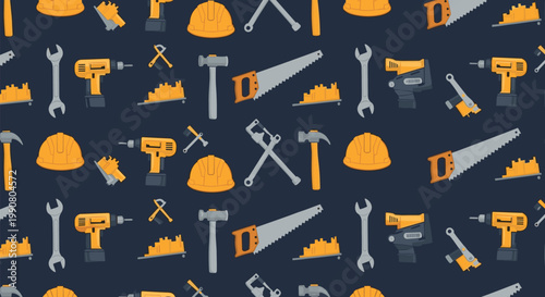 Seamless pattern featuring various construction tools such as hammers, saws, drills, and hard hats on a dark background for design projects.