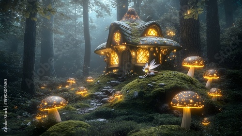 Glowing fantasy mushroom cottage in a mystical forest