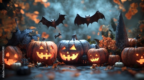 Halloween pumpkins and bats in an autumn forest