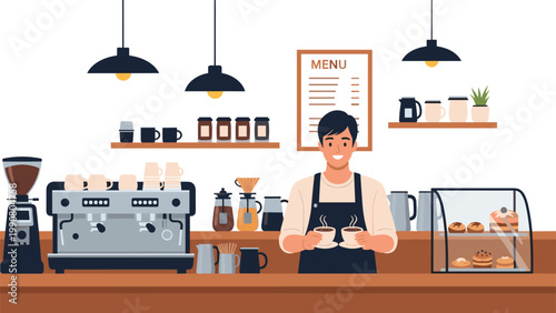 Smiling male barista standing behind a modern coffee shop counter holding two steaming cups of coffee for customers.