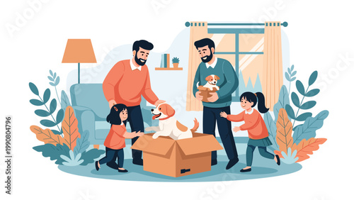 Happy family with two fathers and children celebrating their new pet dog being unboxed from a cardboard container in a cozy home.