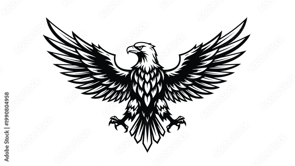 Obraz premium Striking black and white illustration of an eagle with its wings spread in a majestic pose, ideal for a logo or powerful brand symbol.