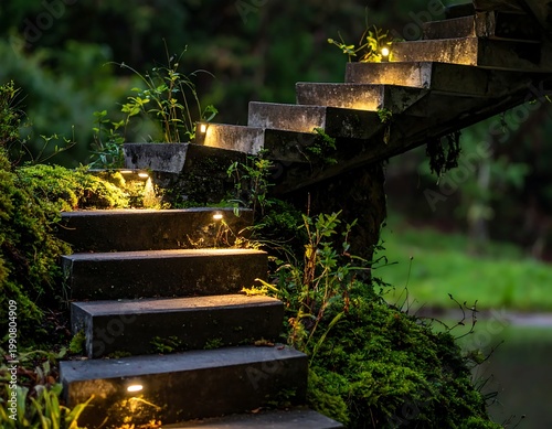 Stone Stairs With Integrated Warm Led Lighting Curving Through A Lush Green Mossy Forest Garden At Night