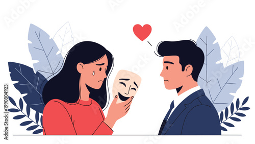 Woman wearing a red sweater holding a smiling mask while looking sadly at a man, representing emotional concealment and mental health.