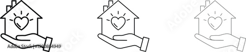Hand holding house with heart icon set vector graphics for real estate charity and home concepts