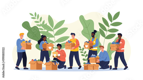 Diverse group of enthusiastic volunteers packing clothing and essential items into donation boxes for a charitable organization or cause.