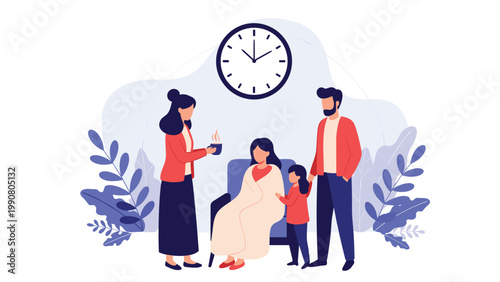 Caring family members looking after a sick relative who is sitting in a chair with a blanket, offering a hot drink and emotional support.