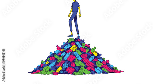 A blue-clad figure steps across a massive, chaotic pile of colorful plastic waste including discarded bottles and containers in a stark white setting.