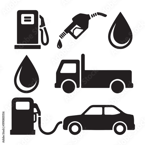 Gas Station and Fueling Icon Set with Petrol Pump, Oil Drop, Truck, and Car Silhouettes