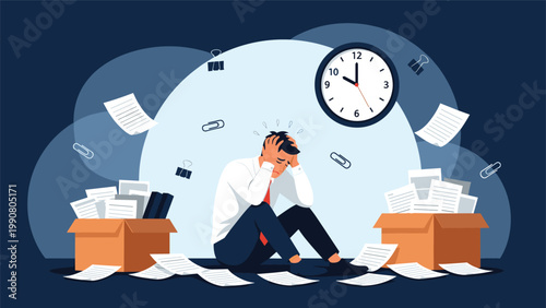 Tired businessman sits on the floor overwhelmed by piles of paperwork and strict deadlines indicated by a large round wall clock.