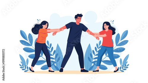 Angry woman pulls a distressed man away from another female rival representing complex relationship conflict and jealousy issues.