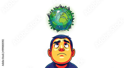 A thoughtful man with dark hair gazes upward at a floating globe featuring detailed mountain peaks and lush green forests against a pristine white background.