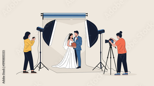 Professional photographers use high quality studio equipment to take a beautiful wedding portrait of a newly married couple in a studio.