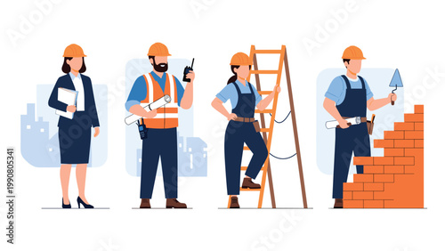 Group of construction professionals including architects and builders stand together wearing safety gear and bright orange hard hats.