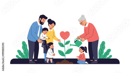Loving multi generational family works together to plant and water a heart shaped tree symbolizing growth, legacy, and togetherness.