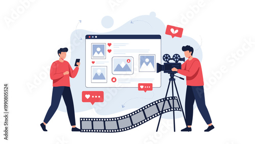 Creative production team uses professional cameras and lighting to film social media content for an online video blog or website.