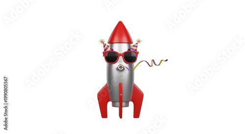 A Whimsical Rocket Character Celebrates With Party Hats Glasses And Confetti On Black Backdrop