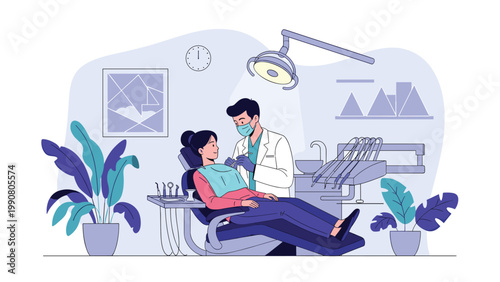 Male dentist wearing a protective mask performs a thorough dental examination on a female patient in a modern well equipped clinic.