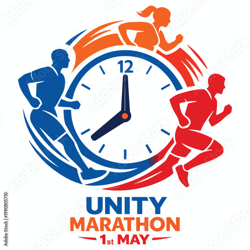 Unity Marathon 1st May emblem featuring running silhouettes around a clock face, cheering icons and palette, celebrating workers unity, solidarity, and fair rights vector logo badge