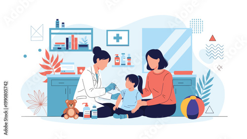 Professional pediatrician in a clinic administering a vaccine injection to a brave little girl who is sitting with her supportive mother.
