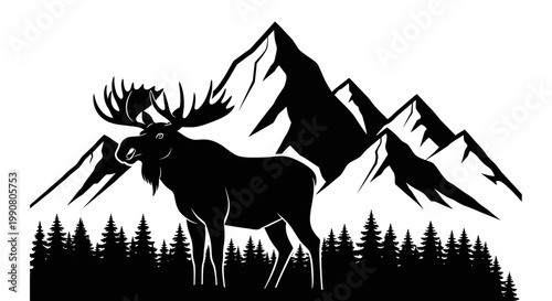 Moose standing in front of mountains.