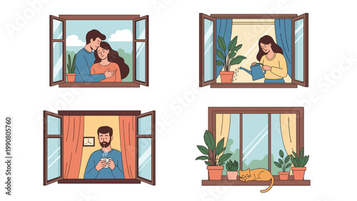 Collage showing different life moments through open windows including a couple hugging, watering plants, drinking coffee, and a sleeping cat.