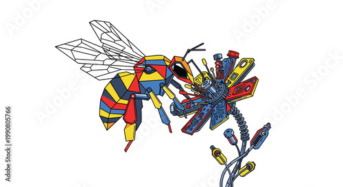 A complex, geometric honeybee made of colorful polygons pollinates a mechanical flower built from industrial parts in a clean, artistic, and modern style.