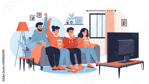 Group of excited friends sitting on a sofa and cheering loudly while watching a sports match on television with snacks and popcorn.
