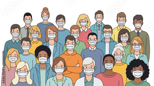 Diverse group of people from different backgrounds wearing protective face masks for public health safety and pandemic prevention measures.