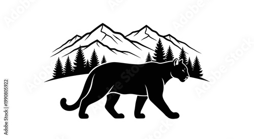 Black panther walking in front of mountains.