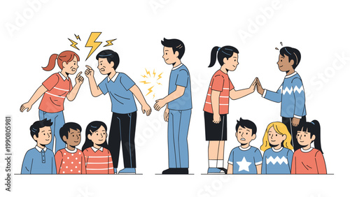 Illustration comparing conflict and anger between children with positive social interaction, effective cooperation, and genuine friendship.