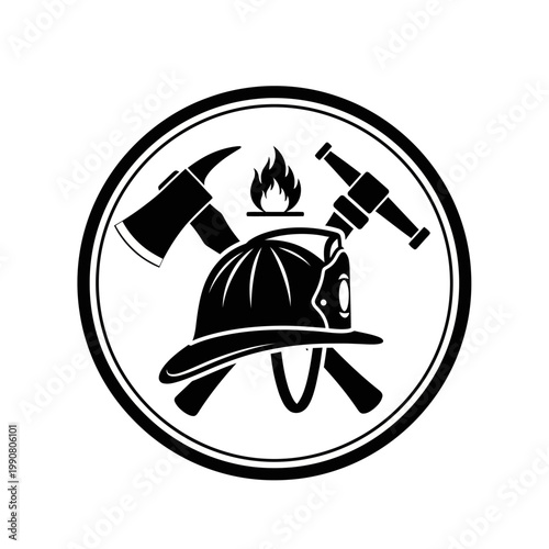 Firefighter Emblem with Helmet Axe and Nozzle Icon